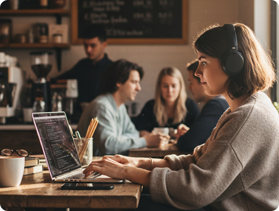 Young woman wearing headphones working on a laptop at a wooden table in a busy coffee shop.
