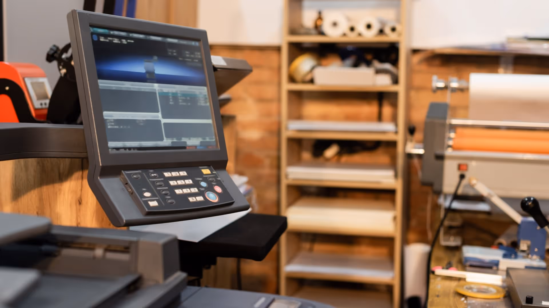 Control panel with a screen and buttons on a modern printer in an industrial workspace.