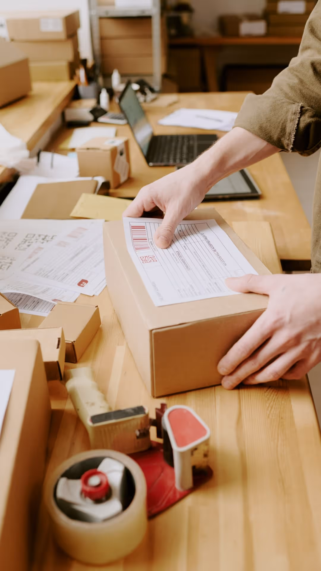 Person attaching a shipping label to a cardboard box on a wooden table with packing supplies and a laptop nearby.