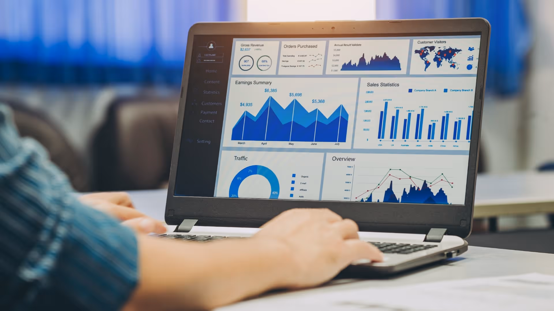 Person using a laptop displaying business financial dashboards with charts and graphs.