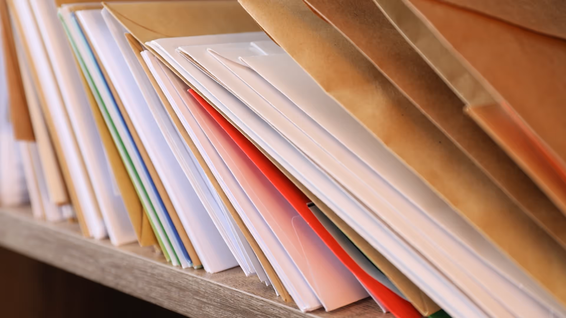 Various paper envelopes in different colors stacked on a wooden shelf.