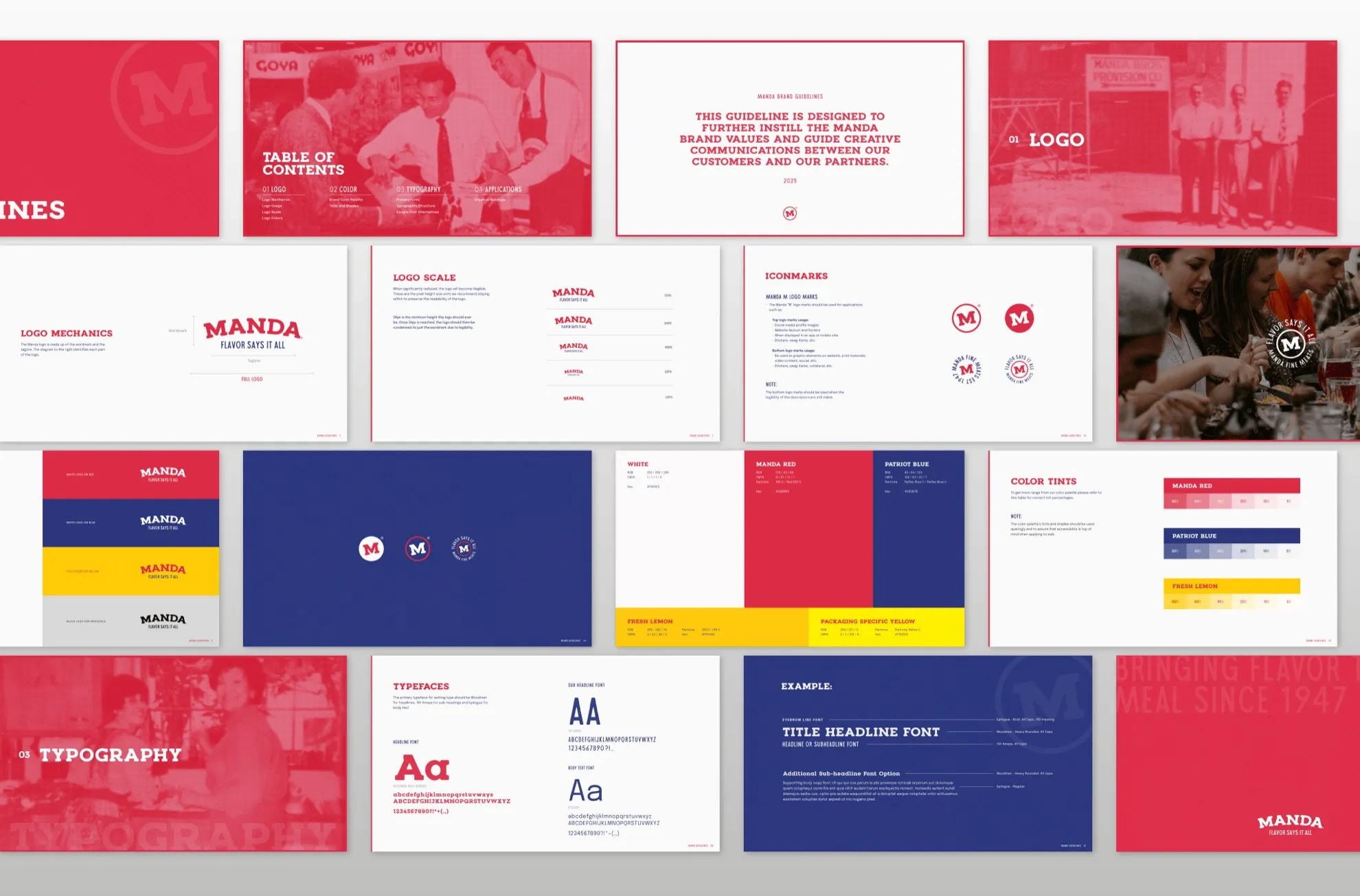 Spreads from the Manda brand guidelines in red, navy and yellow