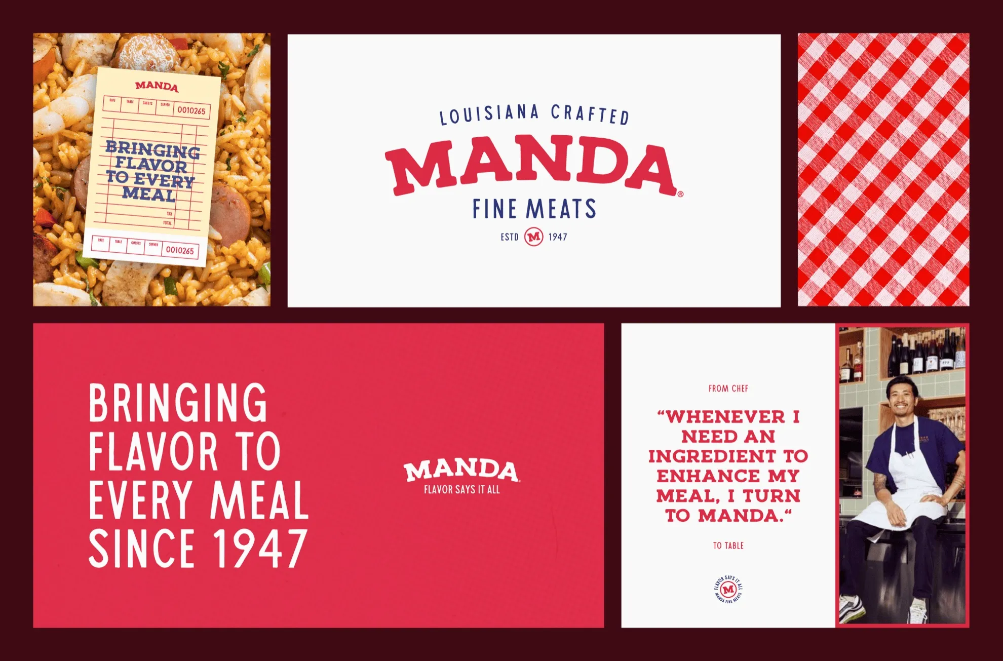 A grid of Manda brand elements including packaging, gingham and the line Bringing Flavor to Every Meal Since 1947
