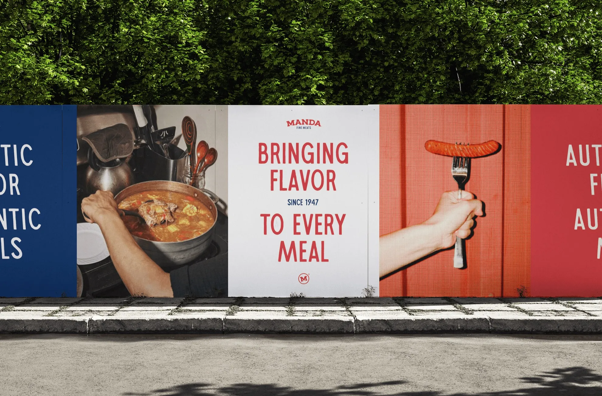 Manda posters on an outdoor wall reading Bringing Flavor to Every Meal