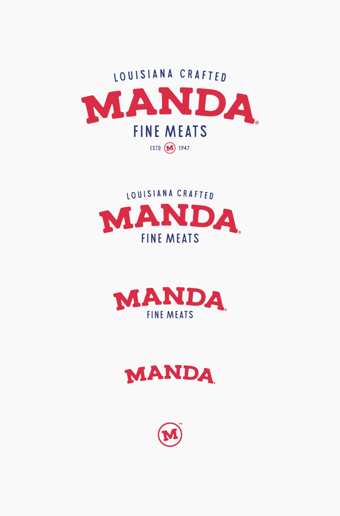 The Manda Fine Meats logo in four responsive lockups, from the full mark down to a single M badge