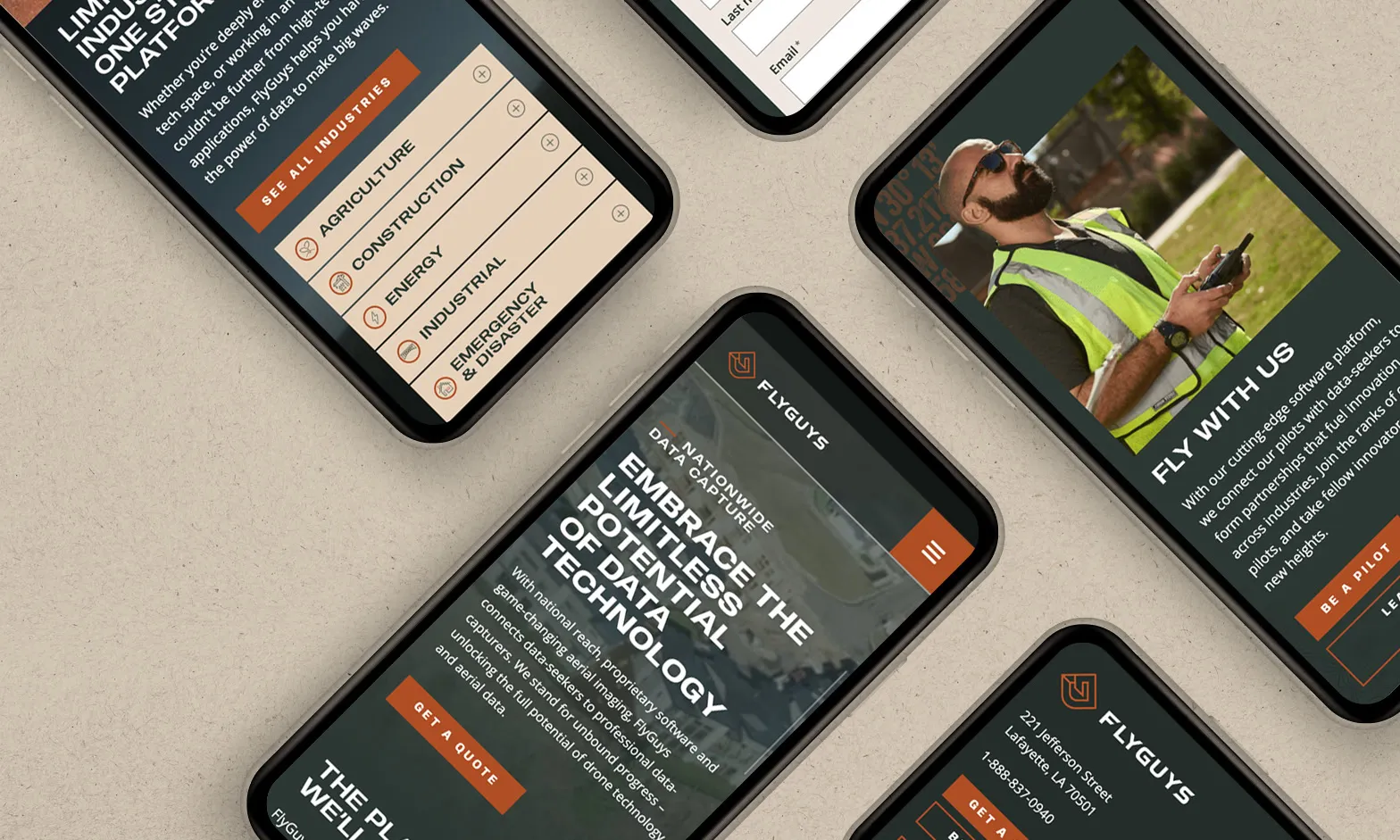 Angled phone screens showing pages from the FlyGuys website