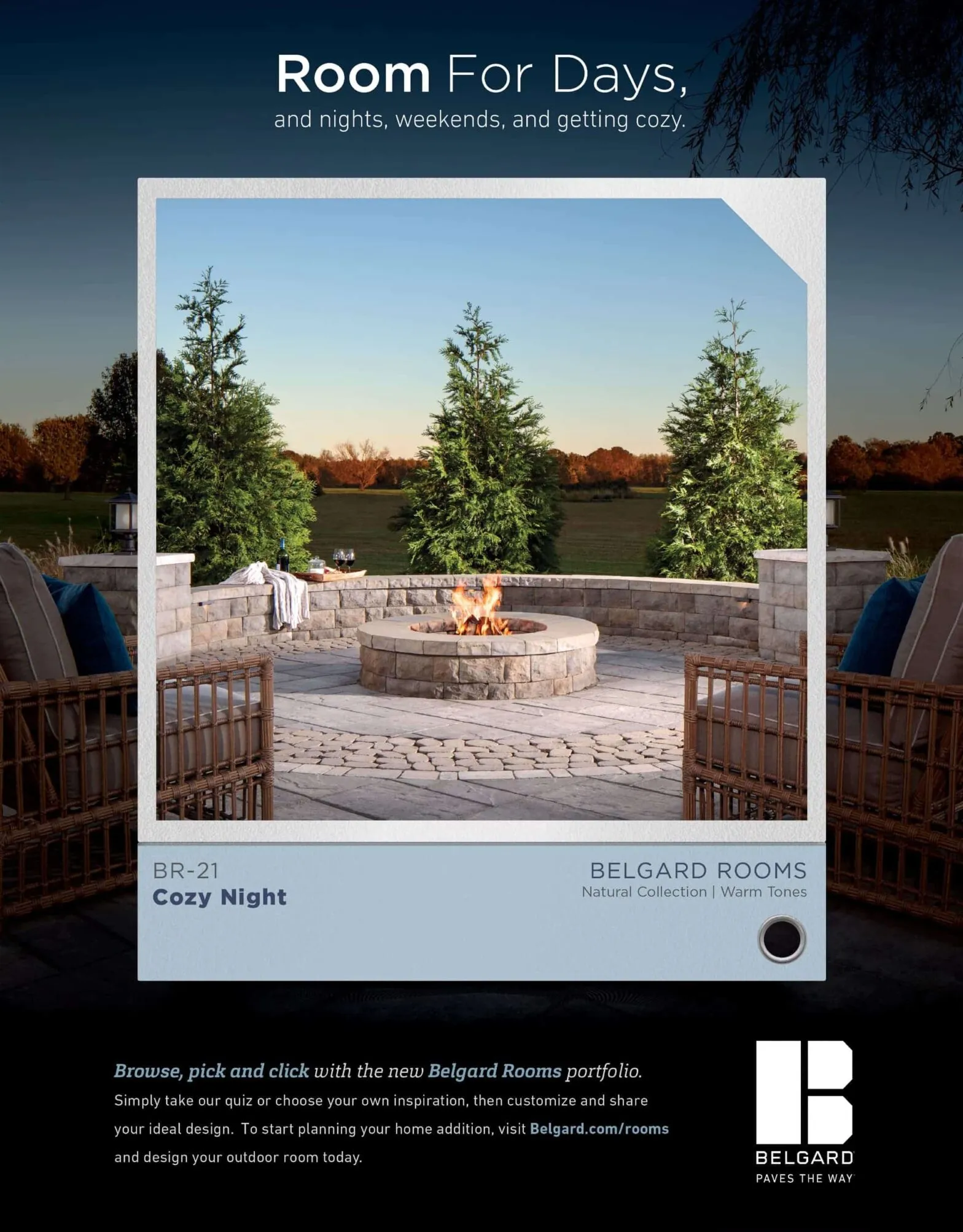 A Belgard Room For Days print ad featuring a fire pit setting labelled Cozy Night