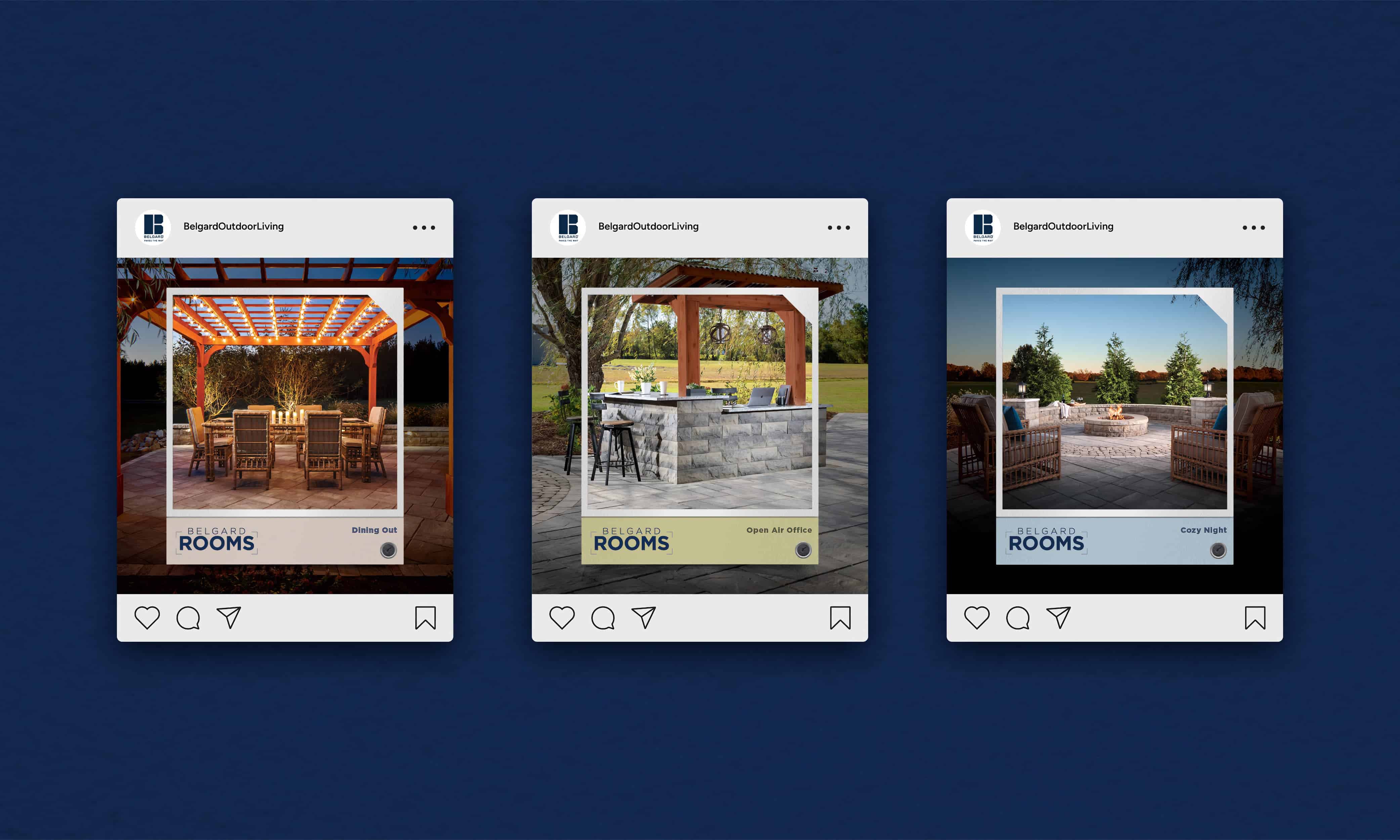 Three Instagram posts showing Belgard outdoor living spaces, arranged on a navy background