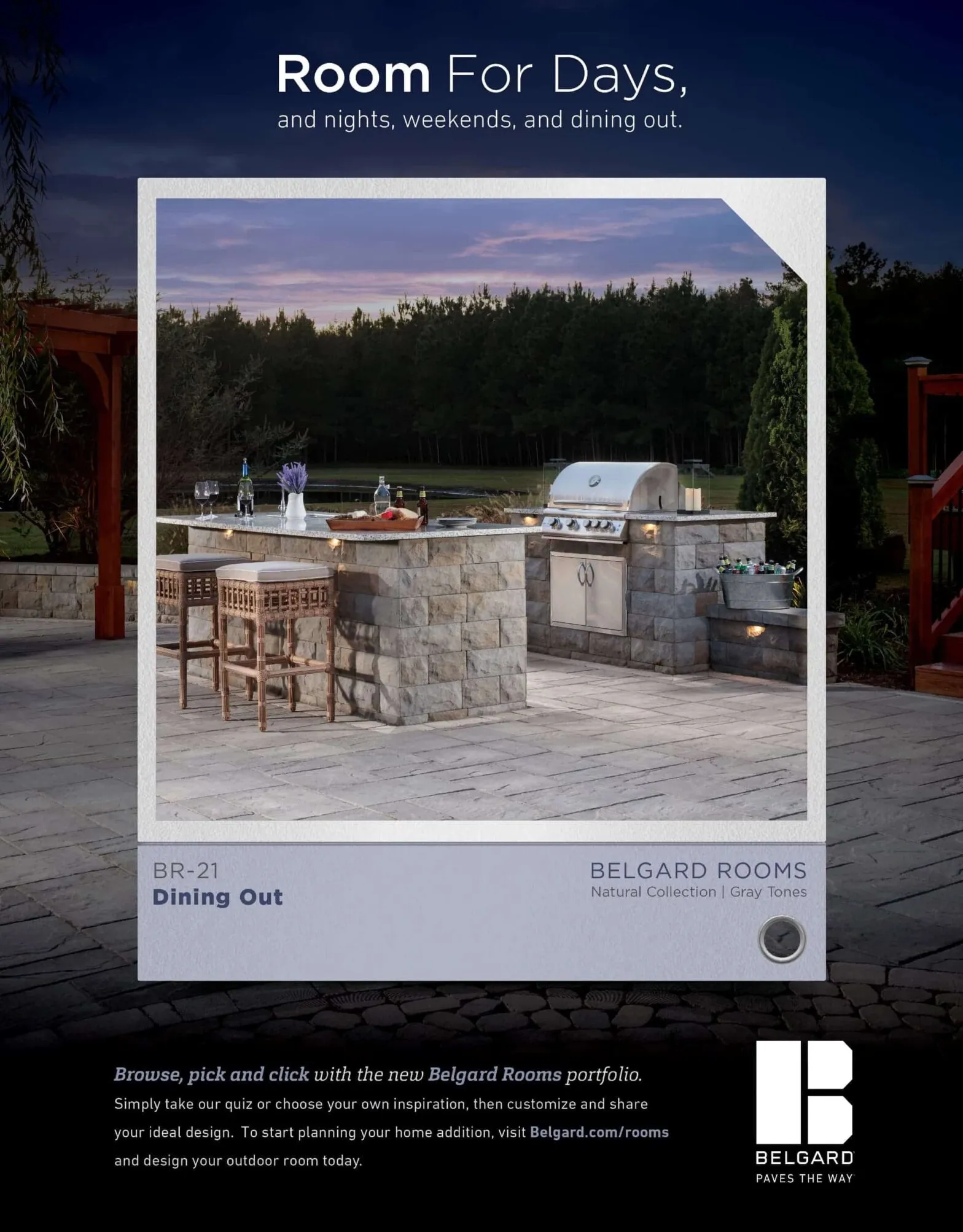 A Belgard Room For Days print ad featuring an outdoor kitchen labelled Dining Out
