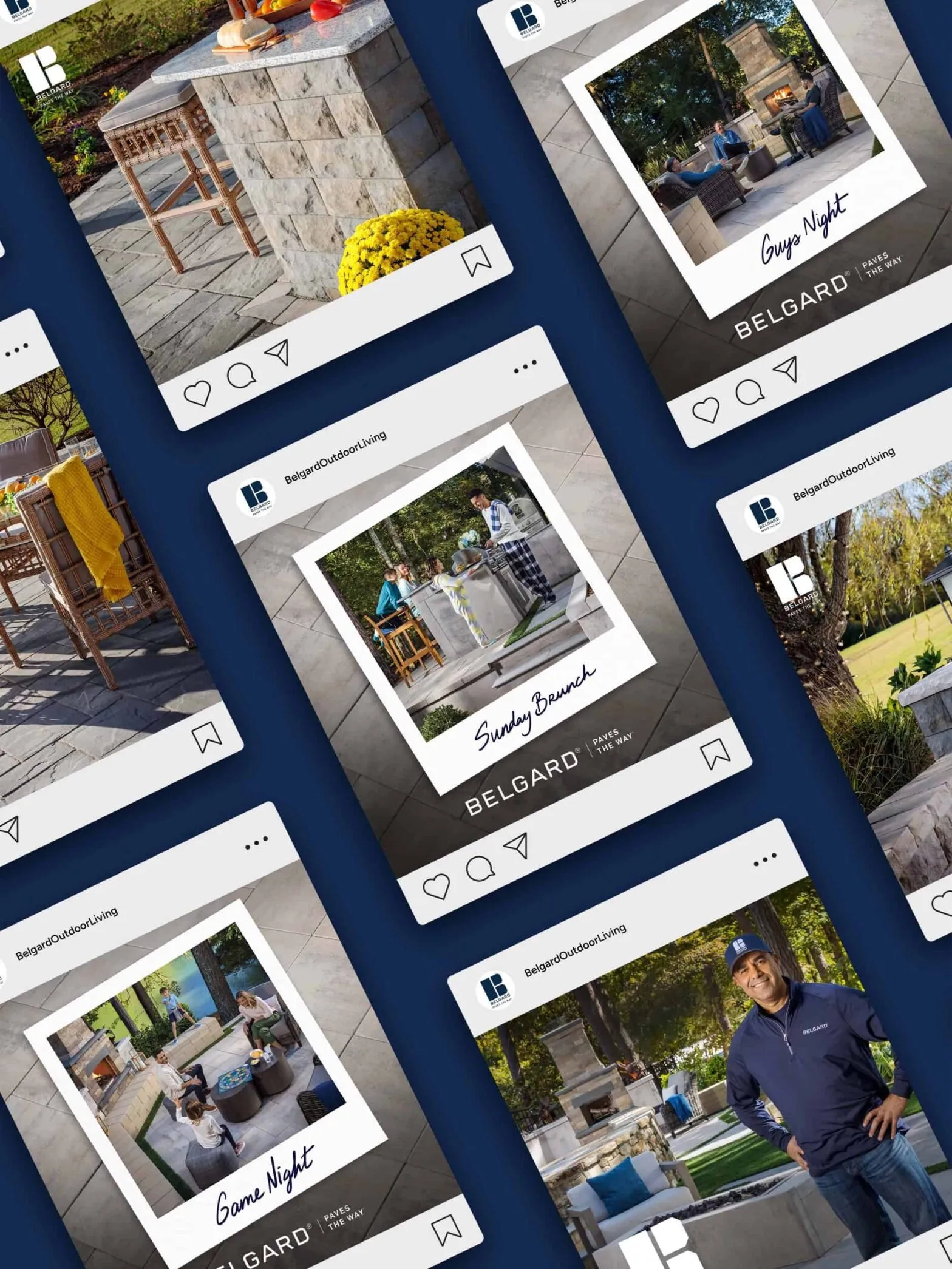 Angled rows of Belgard Instagram posts showing outdoor living projects on a navy background