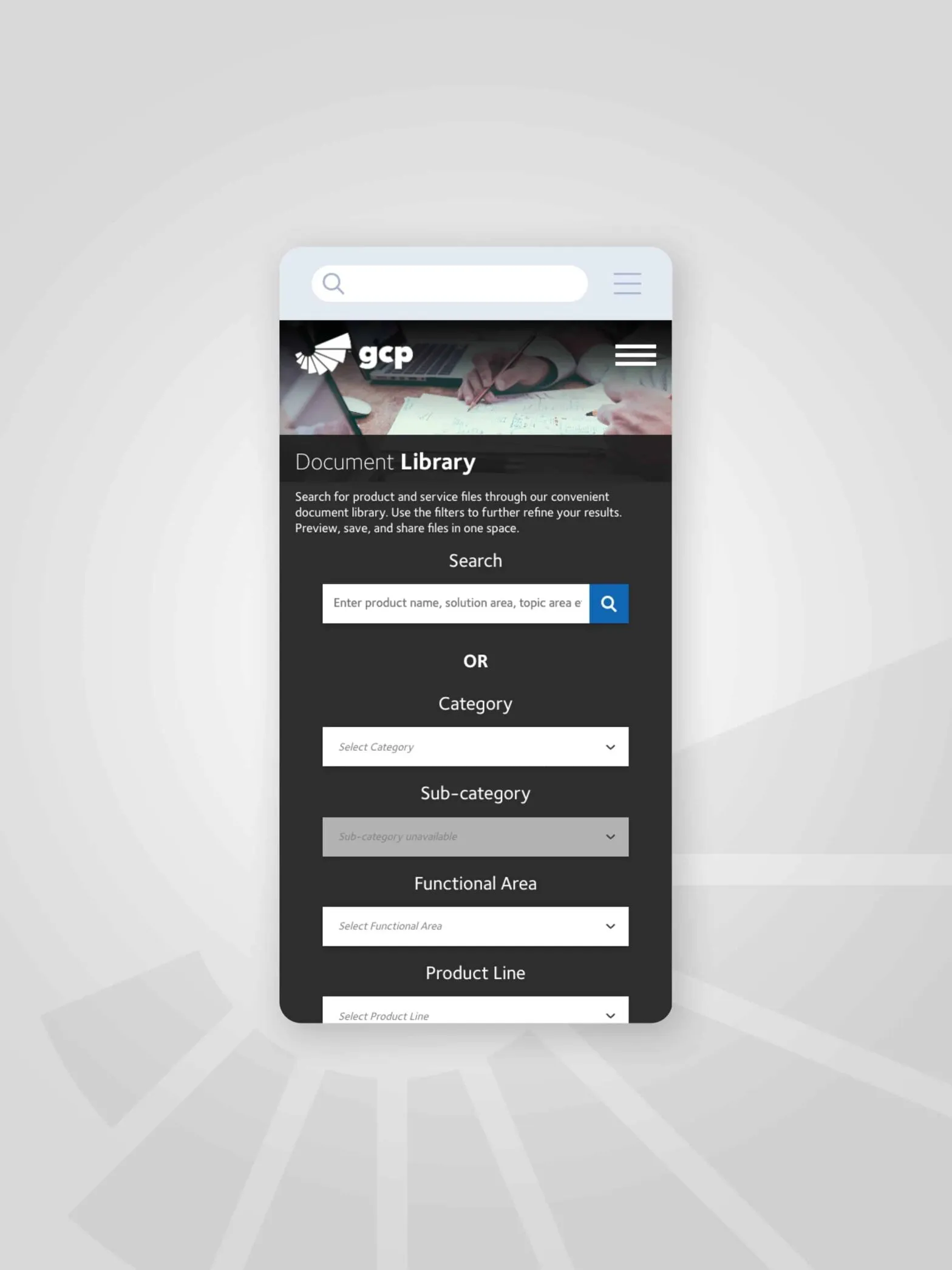 A phone showing the GCP website's document library search page