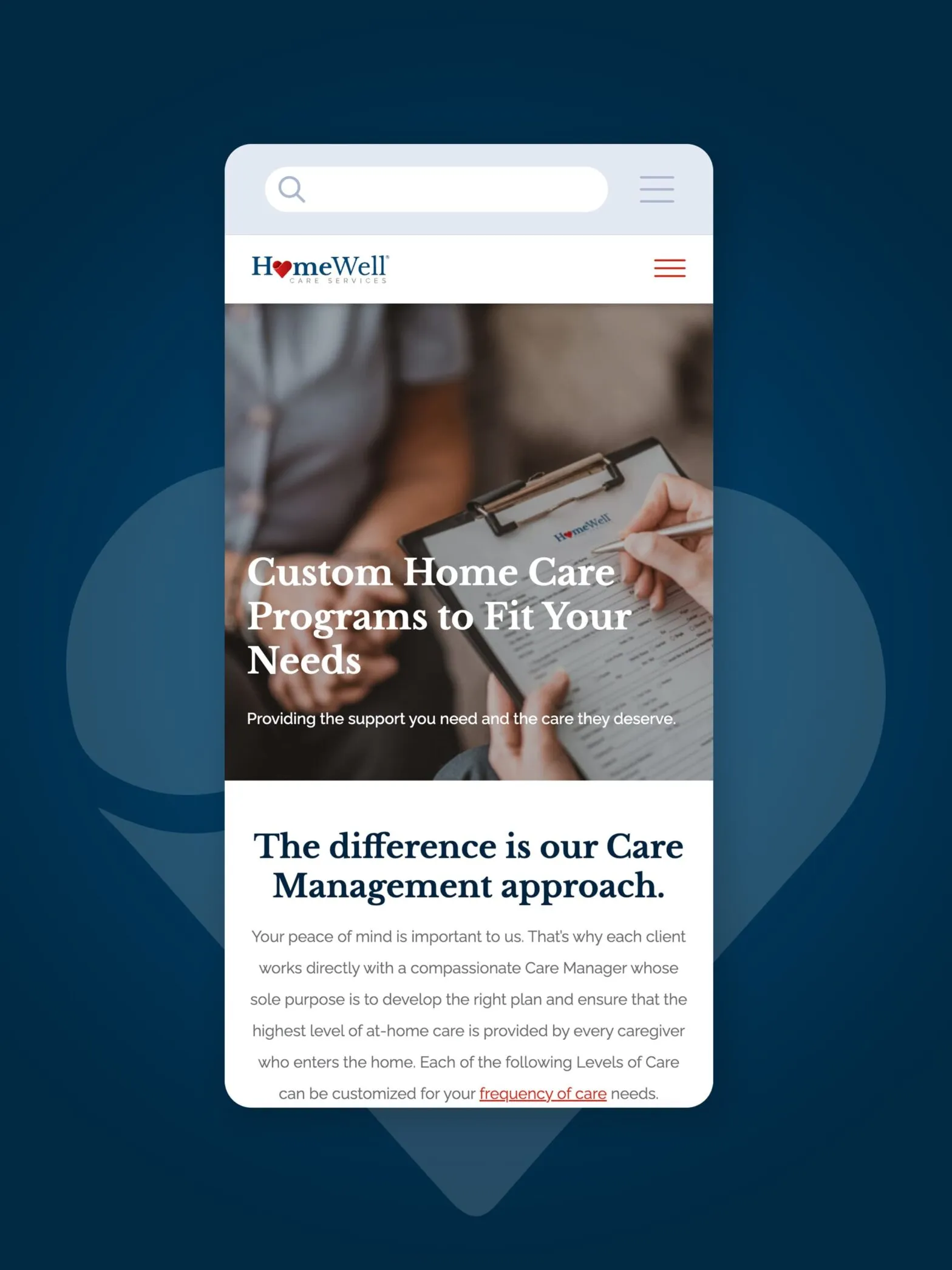 A phone on a navy background showing the HomeWell custom care programs page