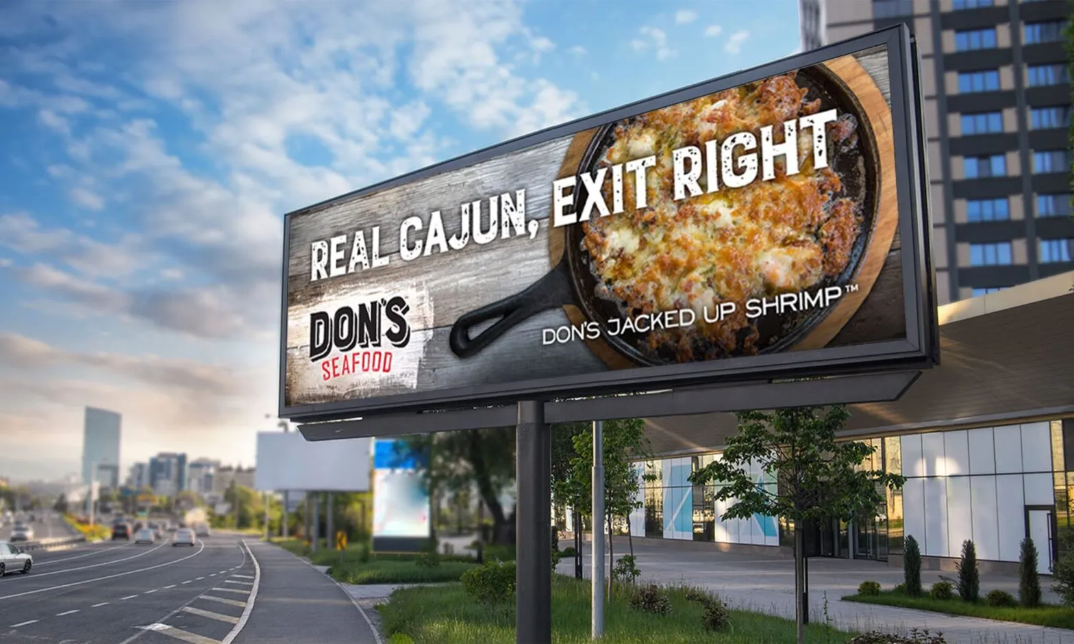 A Don's Seafood billboard reading Real Cajun, Exit Right