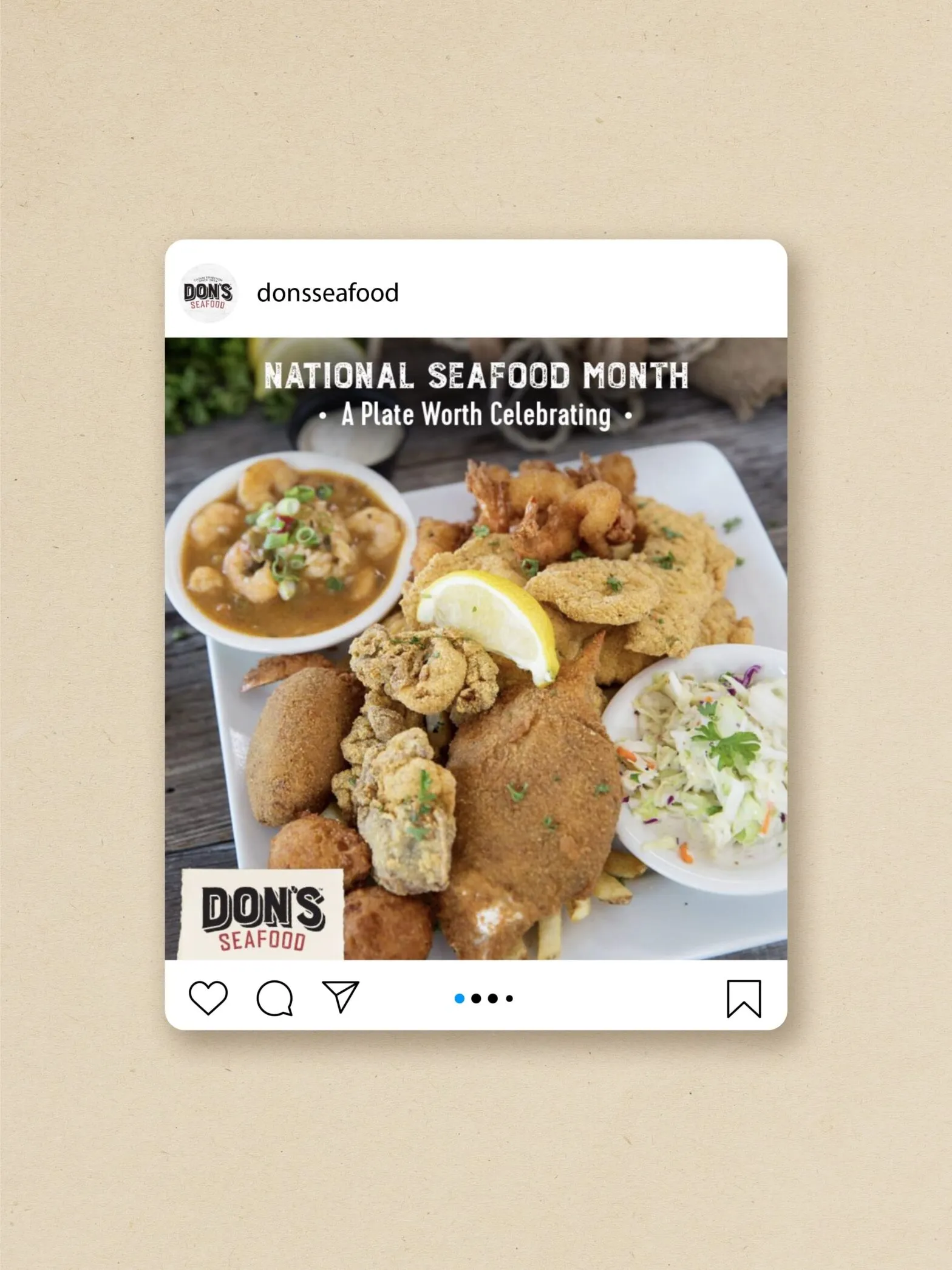 A Don's Seafood social post for National Seafood Month showing fried seafood platters