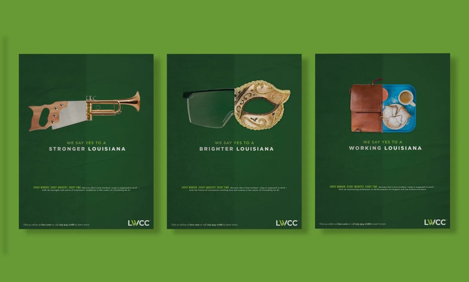 Three green LWCC print ads featuring a trumpet, a baseball glove and a coffee cup