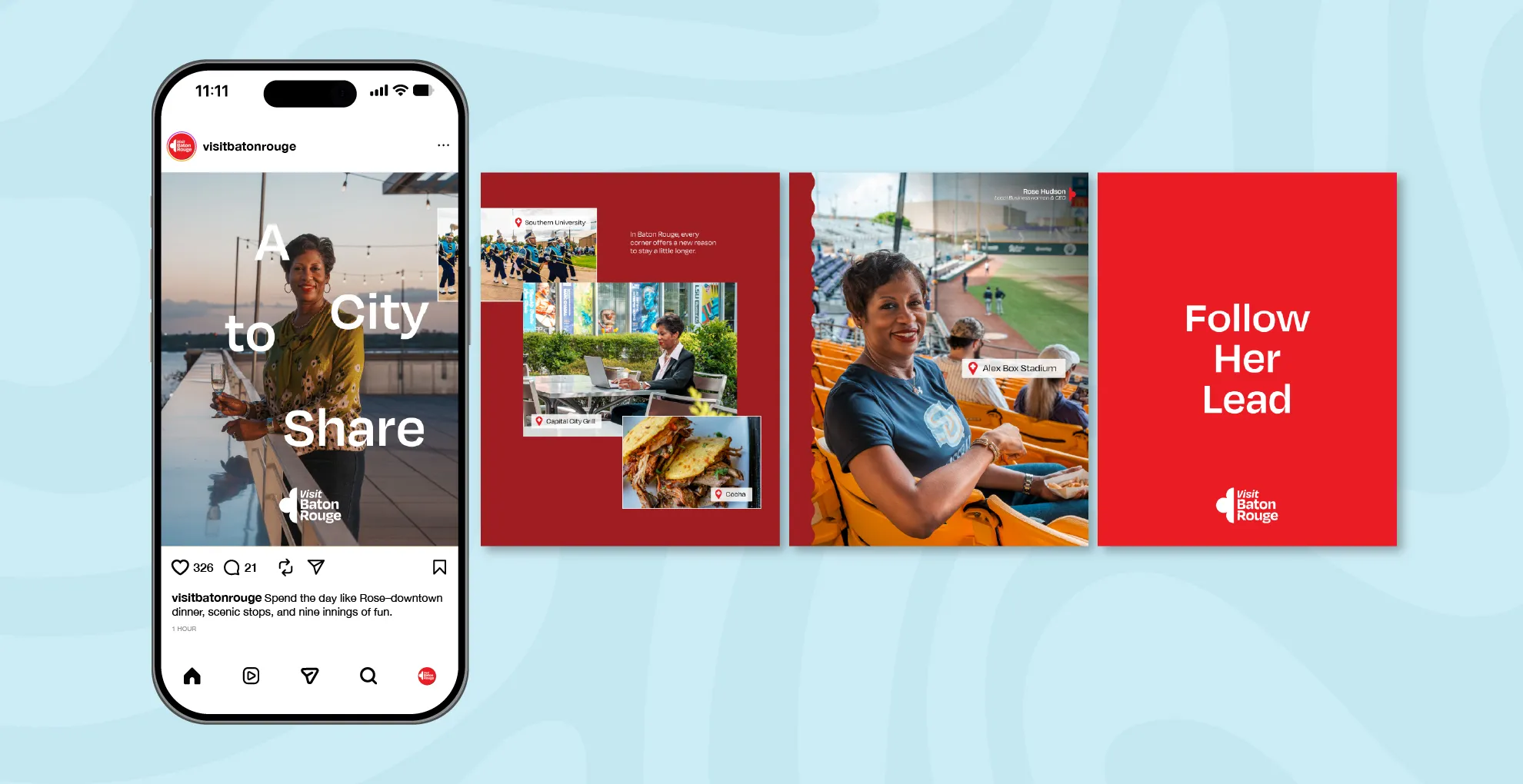 A phone and campaign panels for Visit Baton Rouge reading A City to Share and Follow Her Lead