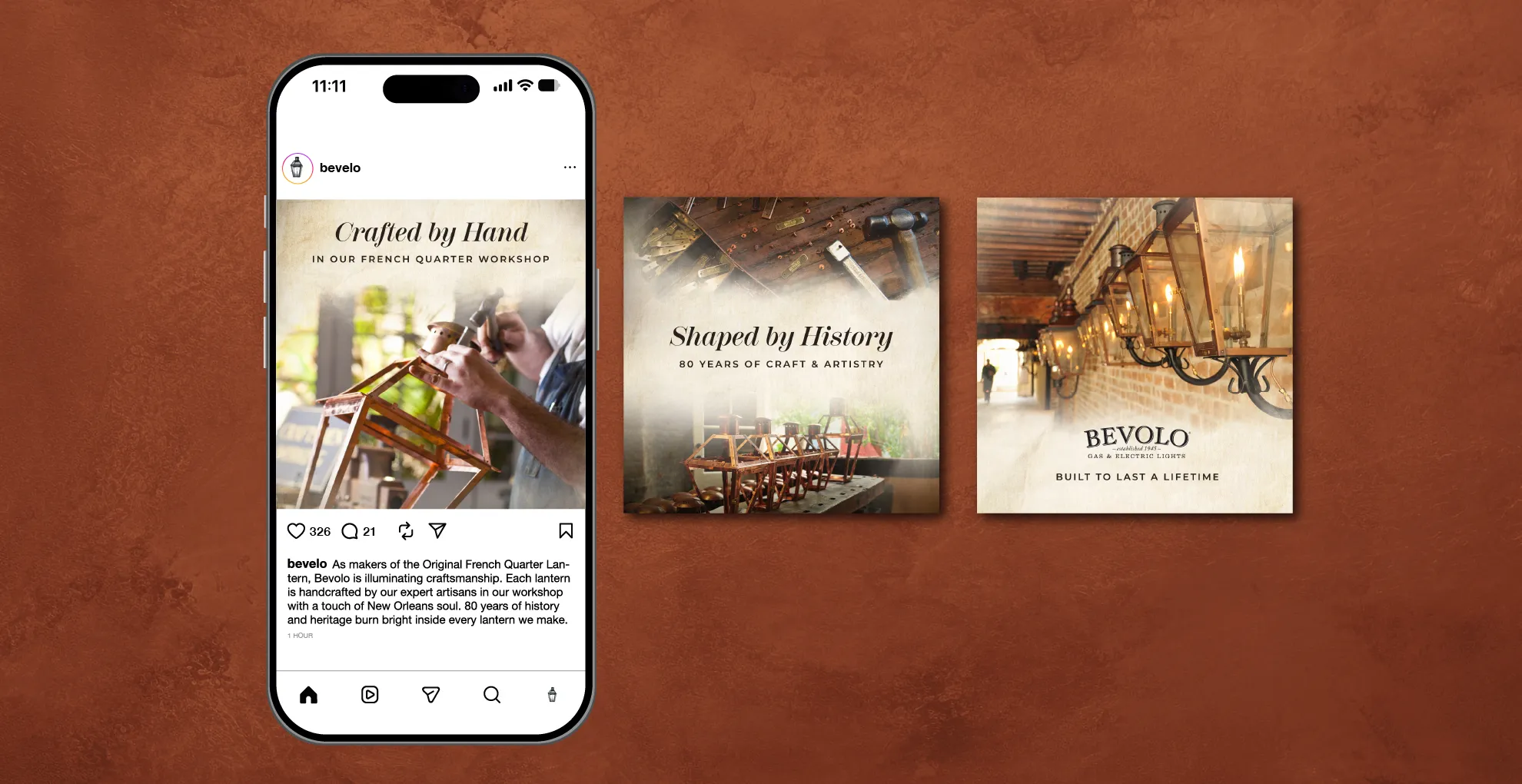 Bevolo social assets on a copper background reading Crafted by Hand and Shaped by History