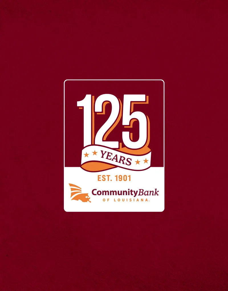 A Community Bank of Louisiana 125 Years anniversary badge on a maroon background
