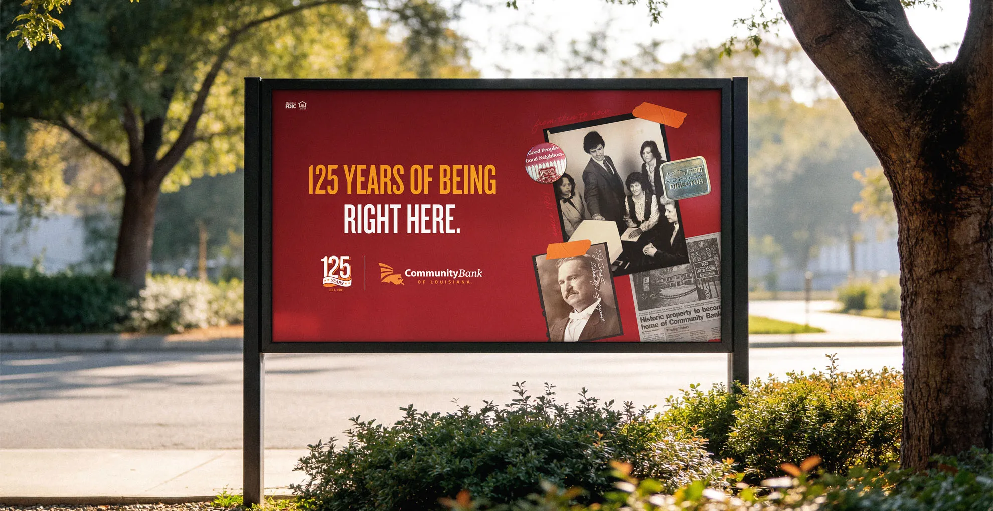 An outdoor Community Bank sign reading 125 Years of Being Right Here