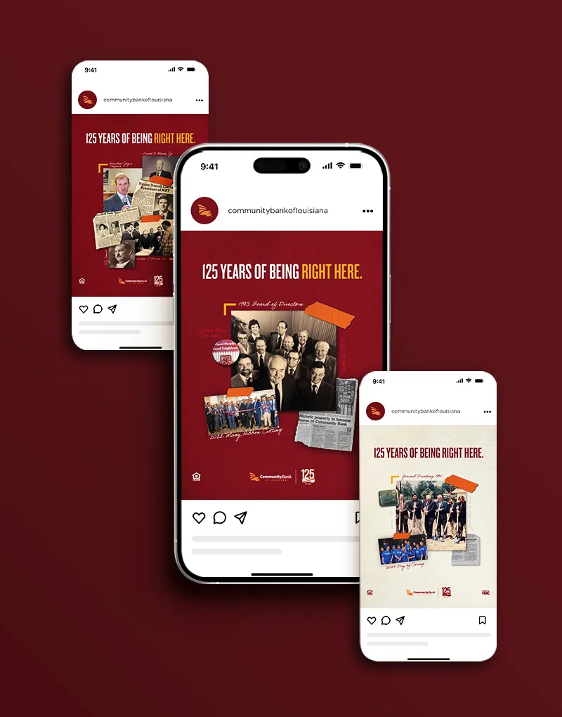 Phones showing Community Bank social posts reading 125 Years of Being Right Here