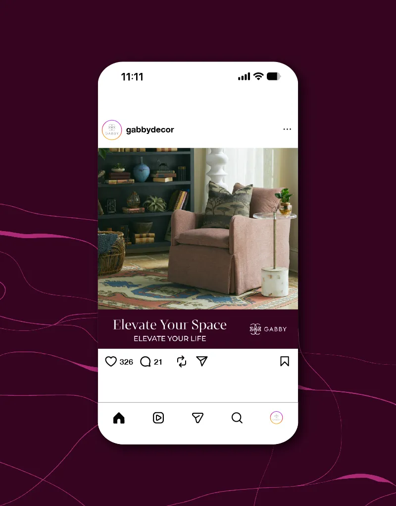 A phone showing a Gabby social post reading Elevate Your Space. Elevate Your Life.