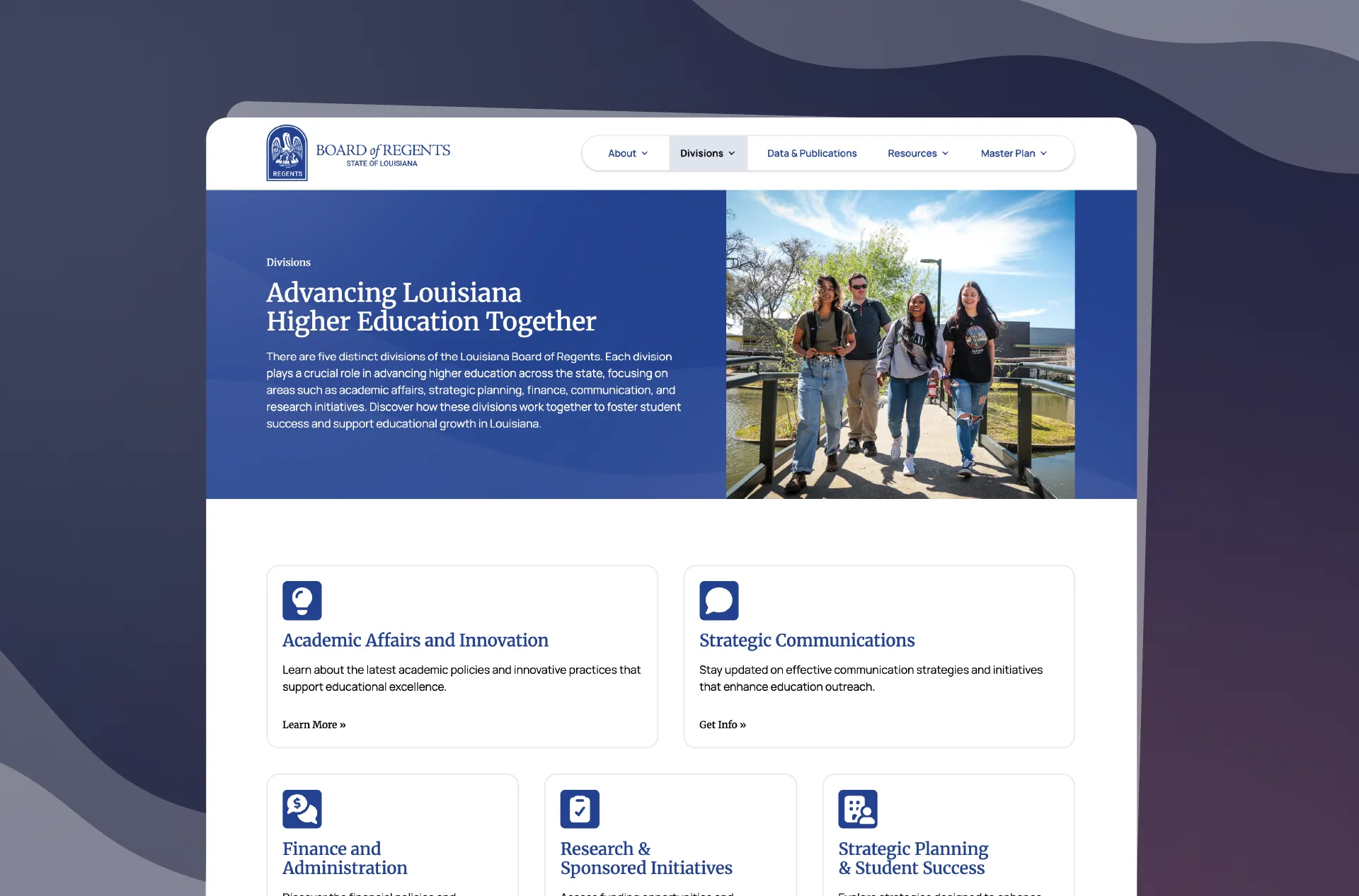 The Louisiana Board of Regents site headlined Advancing Louisiana Higher Education Together