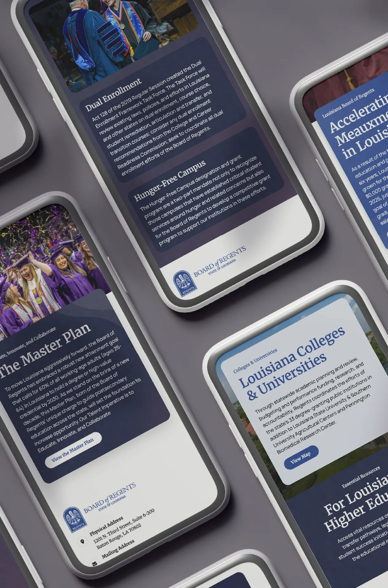 Angled phone screens showing pages from the Louisiana Board of Regents website