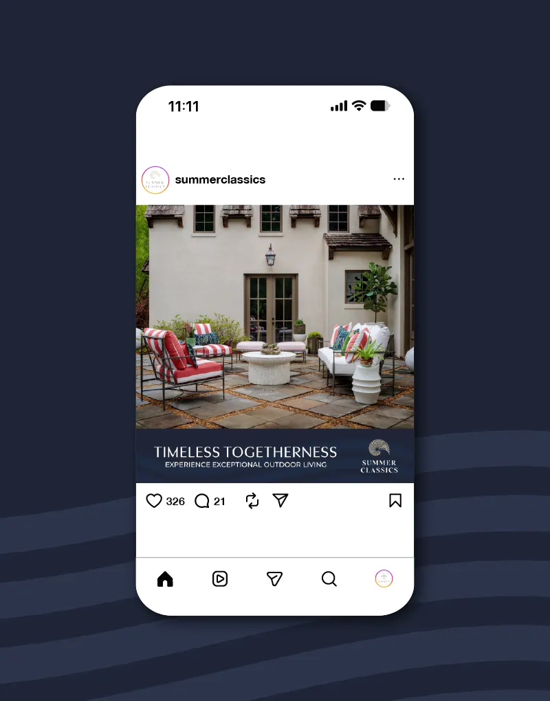 A phone showing a Summer Classics social post reading Timeless Togetherness
