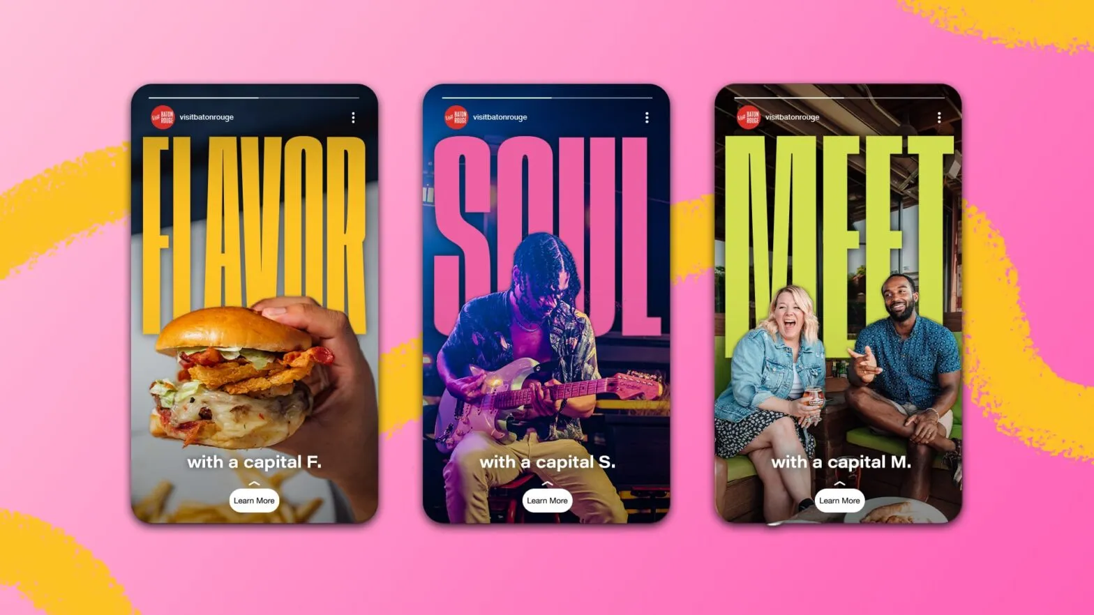 Three Visit Baton Rouge social stories reading Flavor, Soul and Meet on a pink background