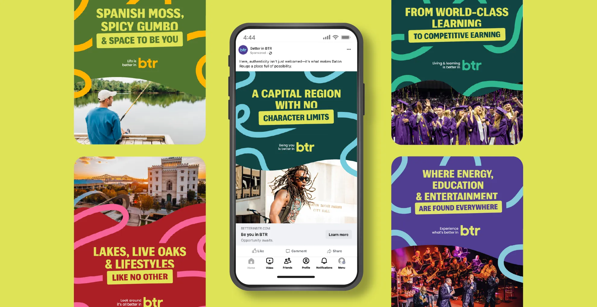 Better in BTR social panels in yellow, red and purple promoting Baton Rouge culture and careers
