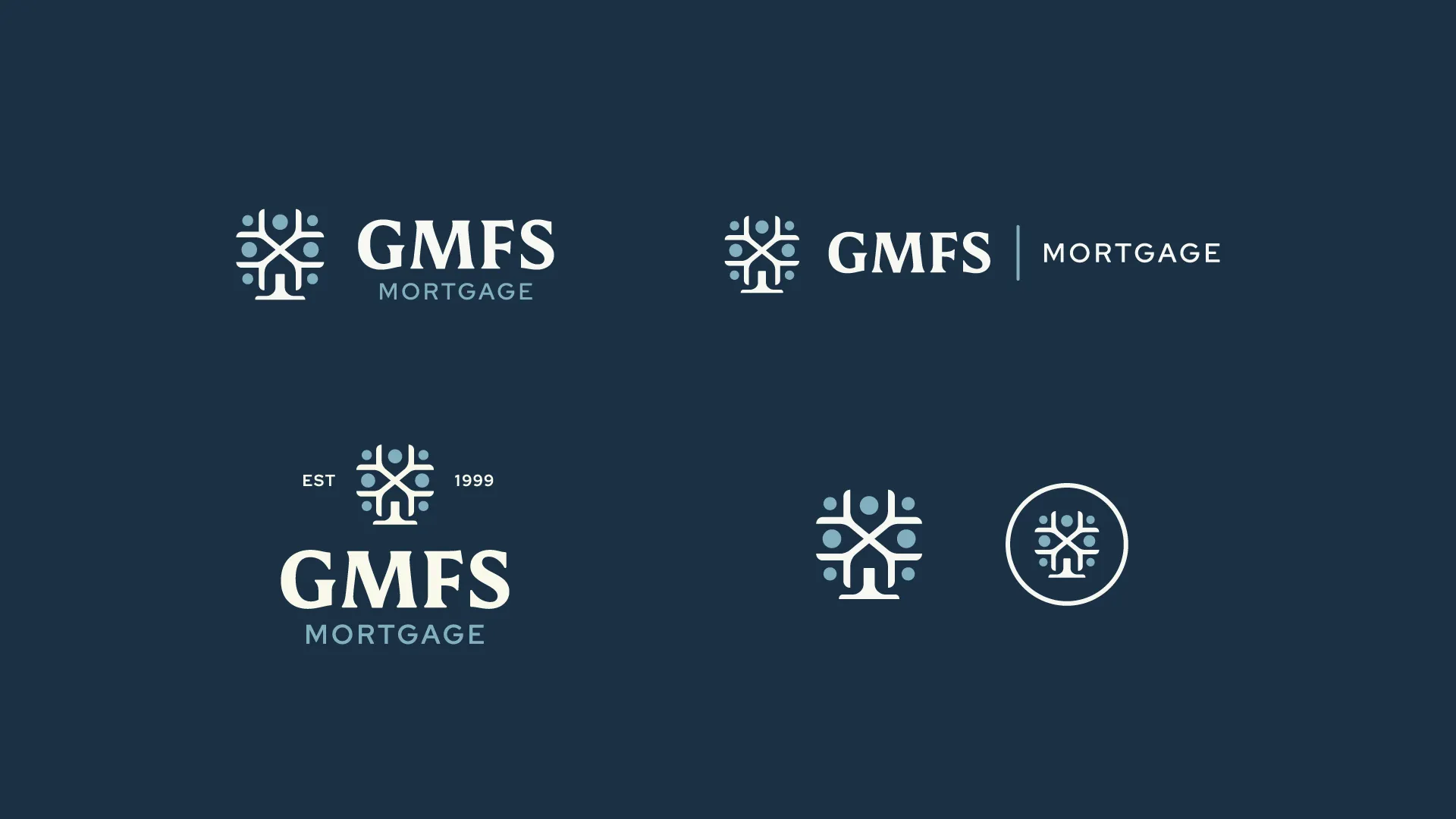 GMFS Mortgage logo variations on a navy background