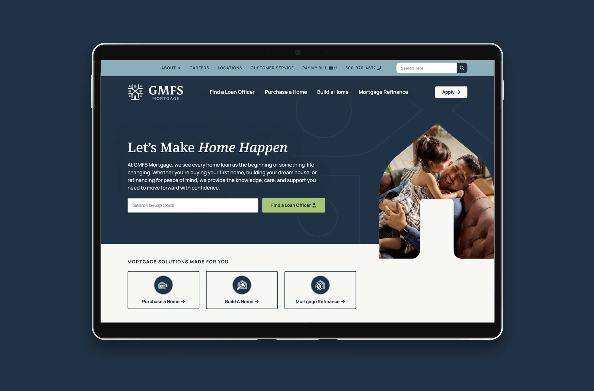 A tablet showing the GMFS website headlined Let's Make Home Happen