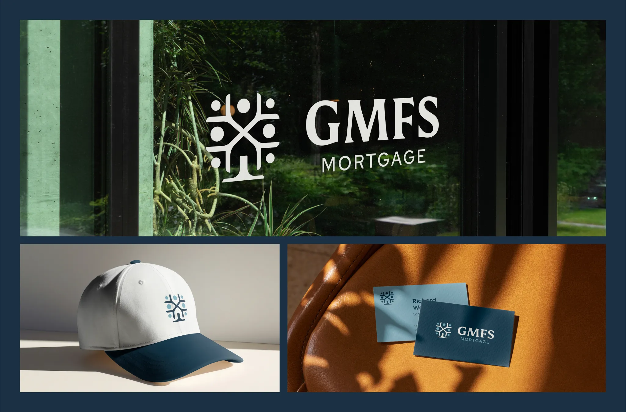 A grid of GMFS brand items including signage, a cap and business cards