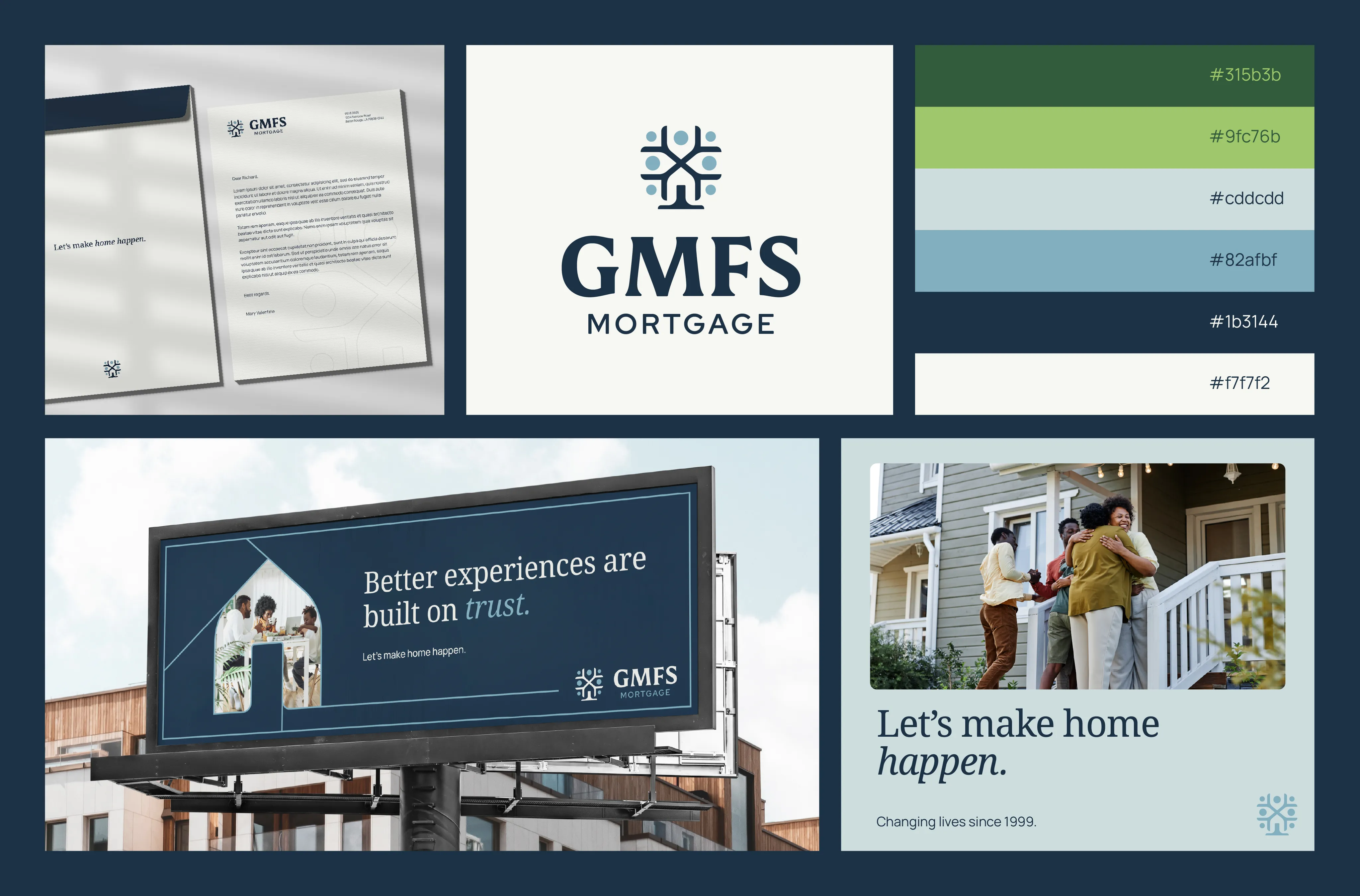 A grid of GMFS brand applications including stationery, a billboard and lifestyle photography