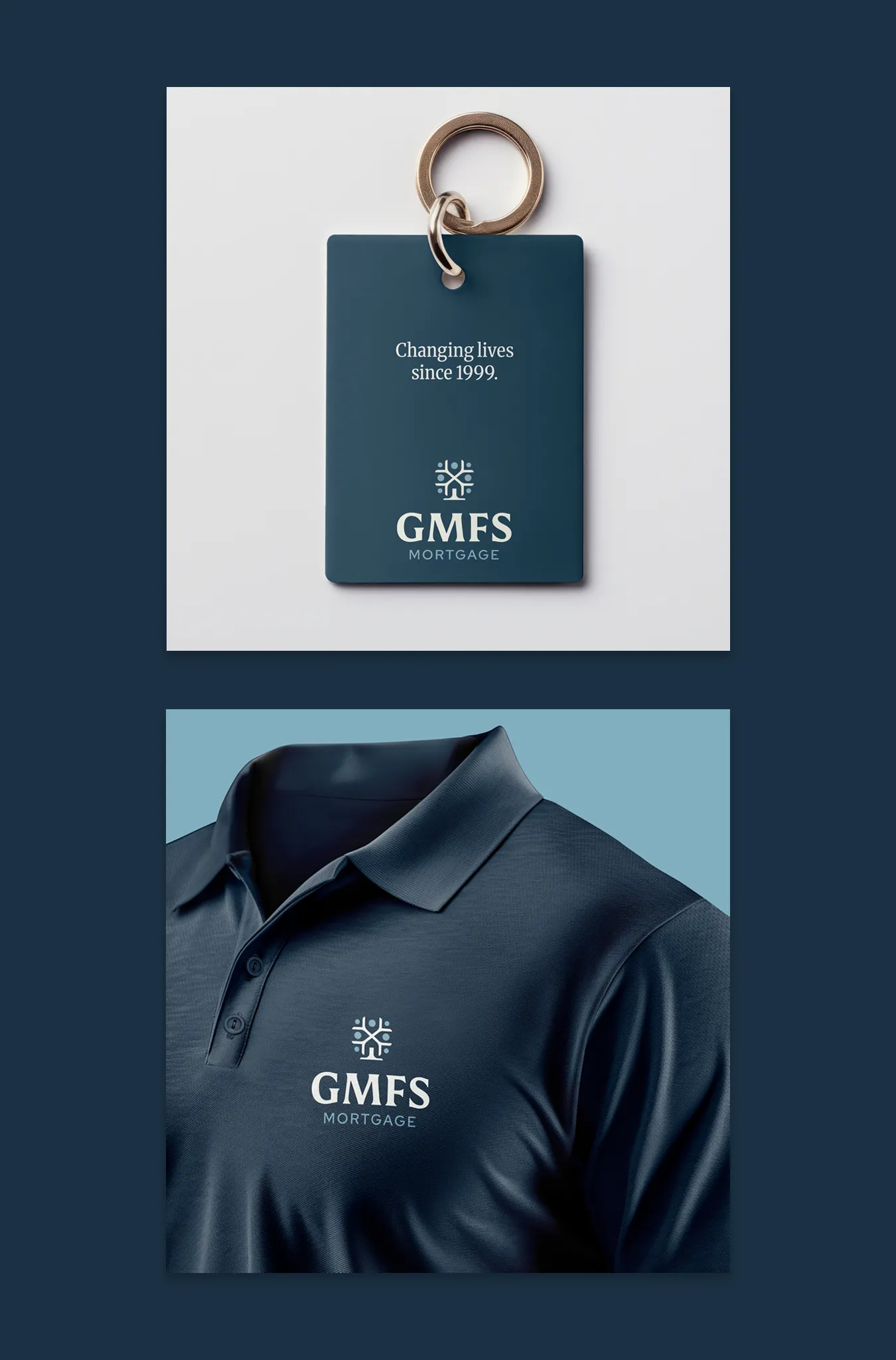 A GMFS branded keychain and navy polo shirt