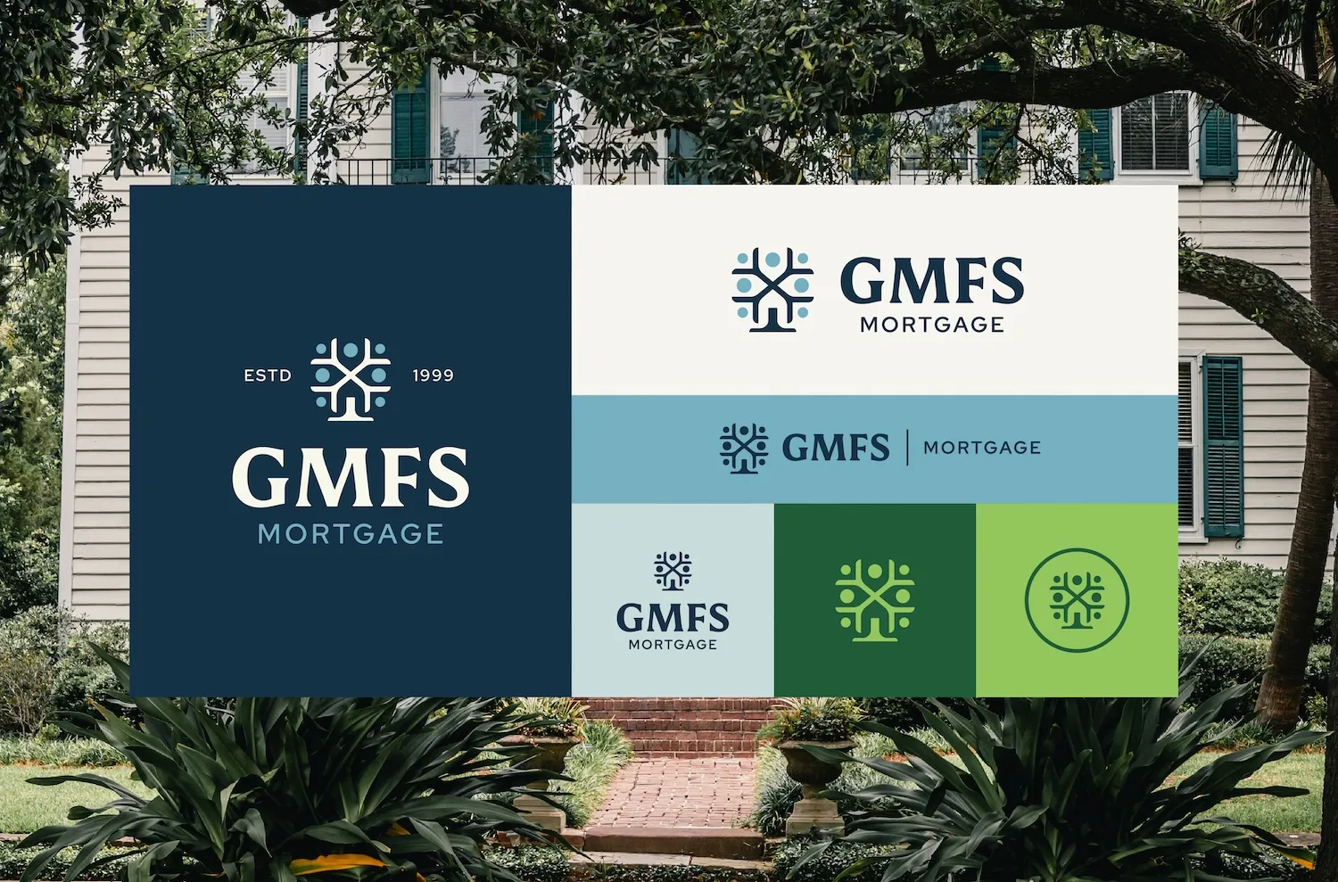 GMFS Mortgage logo variations in navy, white and green, set against a photo of a house