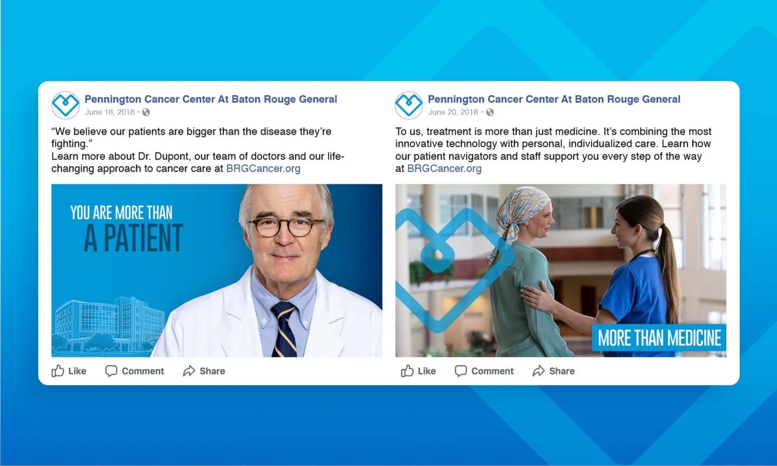 Two Baton Rouge General social posts on blue promoting the Pennington Cancer Center