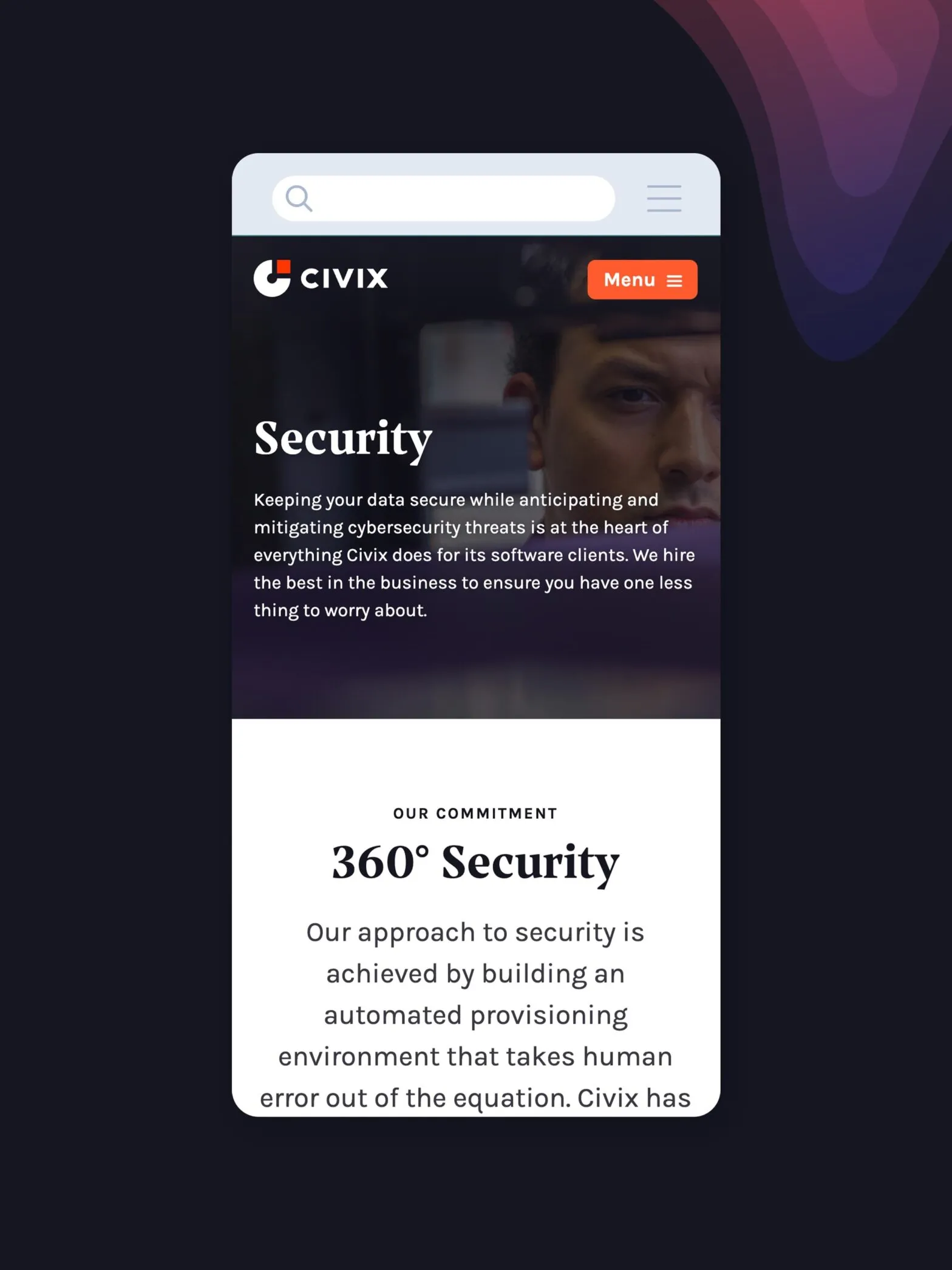 A phone showing the Civix security page headlined 360 Degree Security