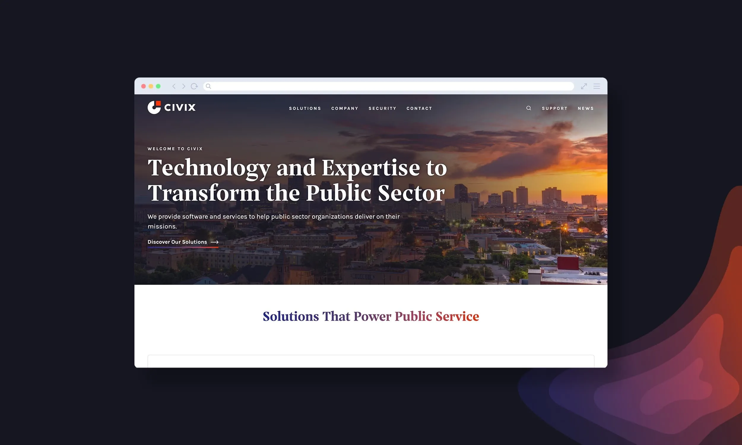 The Civix website homepage headlined Technology and Expertise to Transform the Public Sector