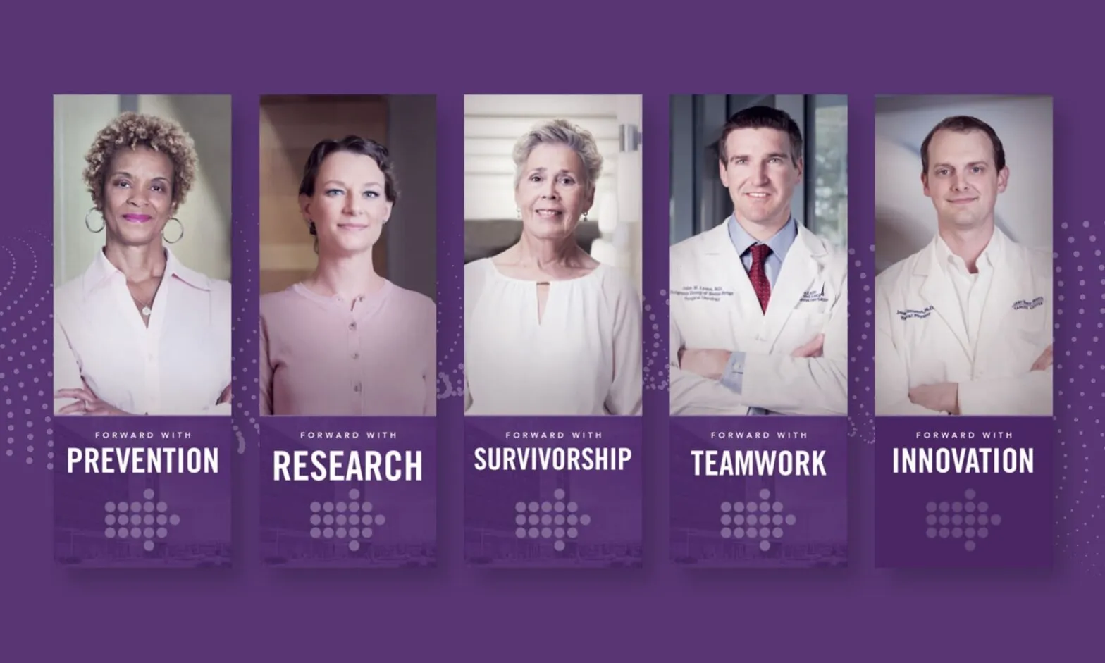 Five Mary Bird Perkins banners on purple labelled Prevention, Research, Survivorship, Teamwork and Innovation