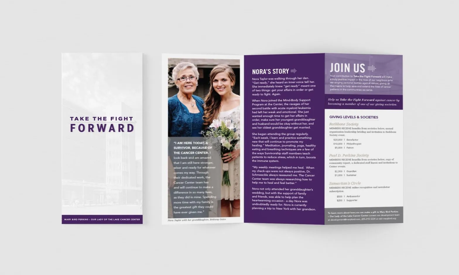 An open Mary Bird Perkins trifold brochure headlined Take the Fight Forward