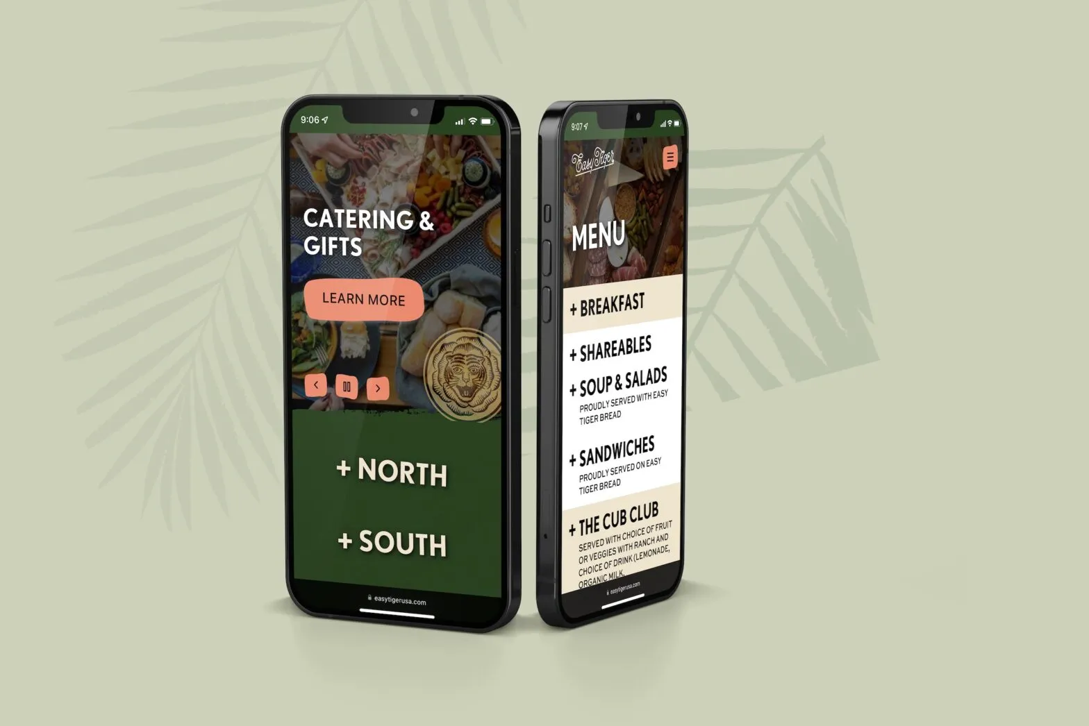 Two phones on a green background showing Easy Tiger catering and menu pages