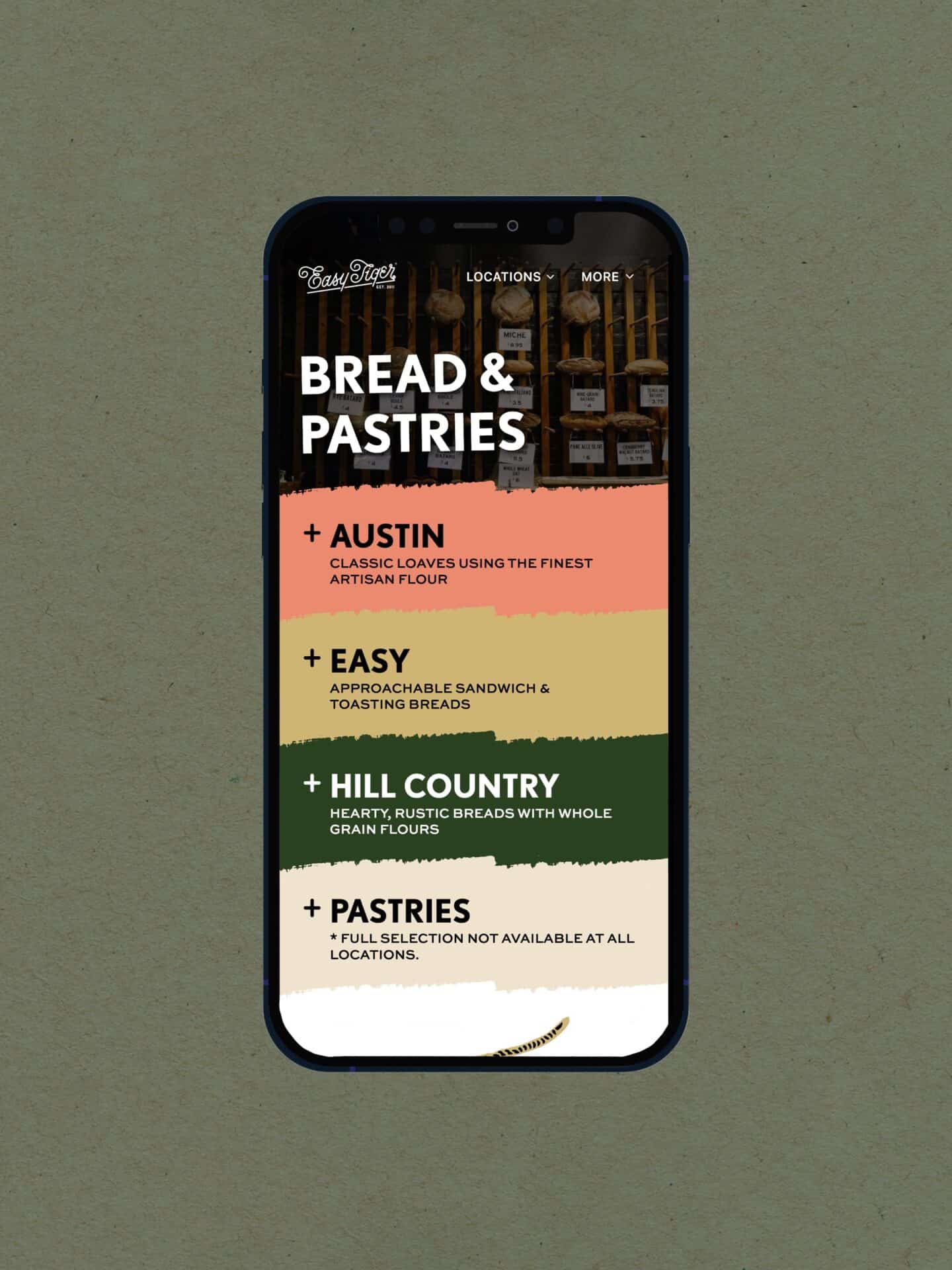 A phone showing the Easy Tiger bread and pastries menu