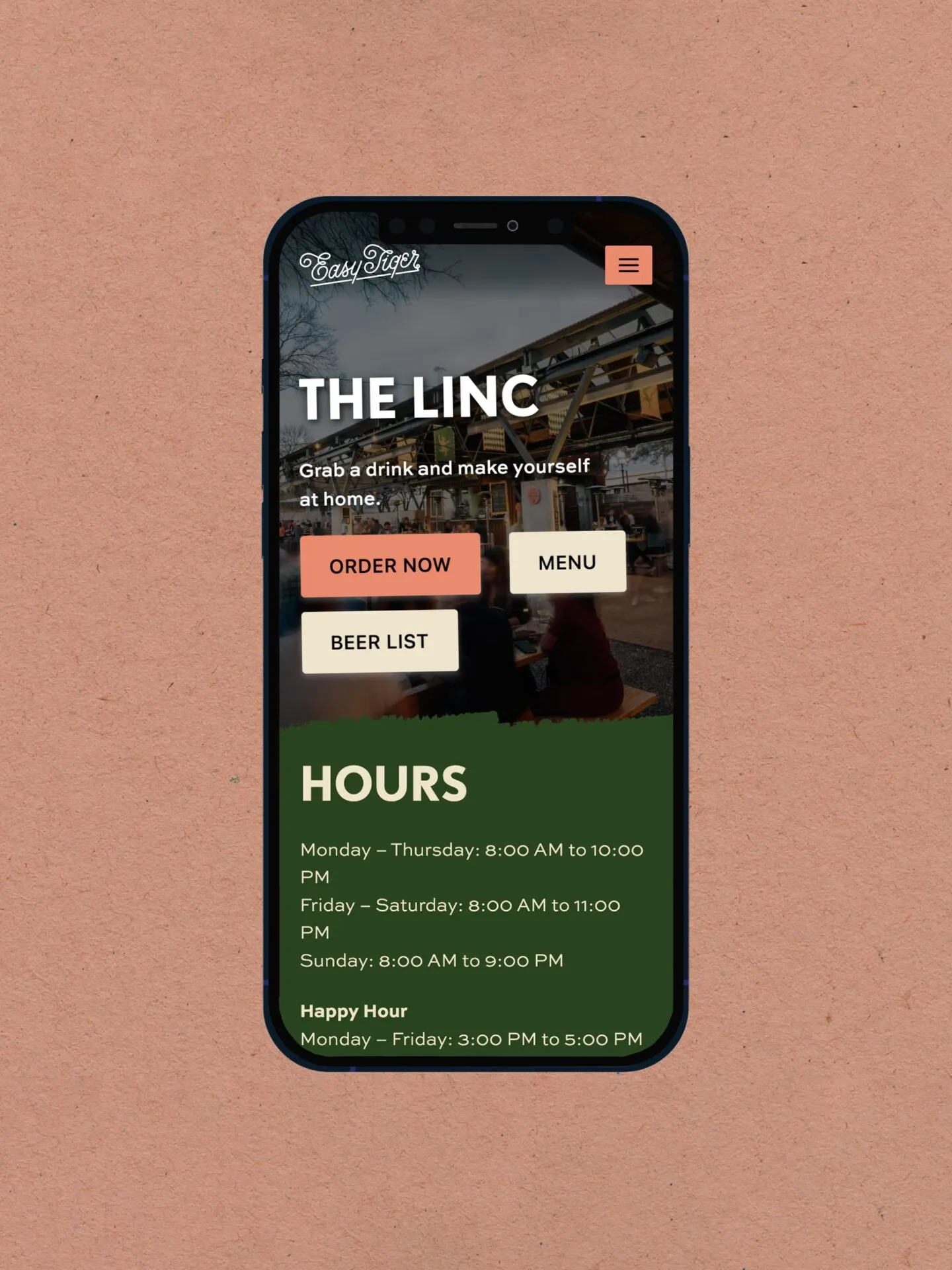 A phone showing The Linc page from the Easy Tiger website