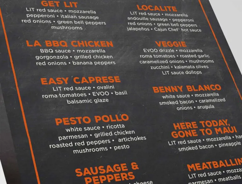 The LIT Pizza menu board listing signature pizzas