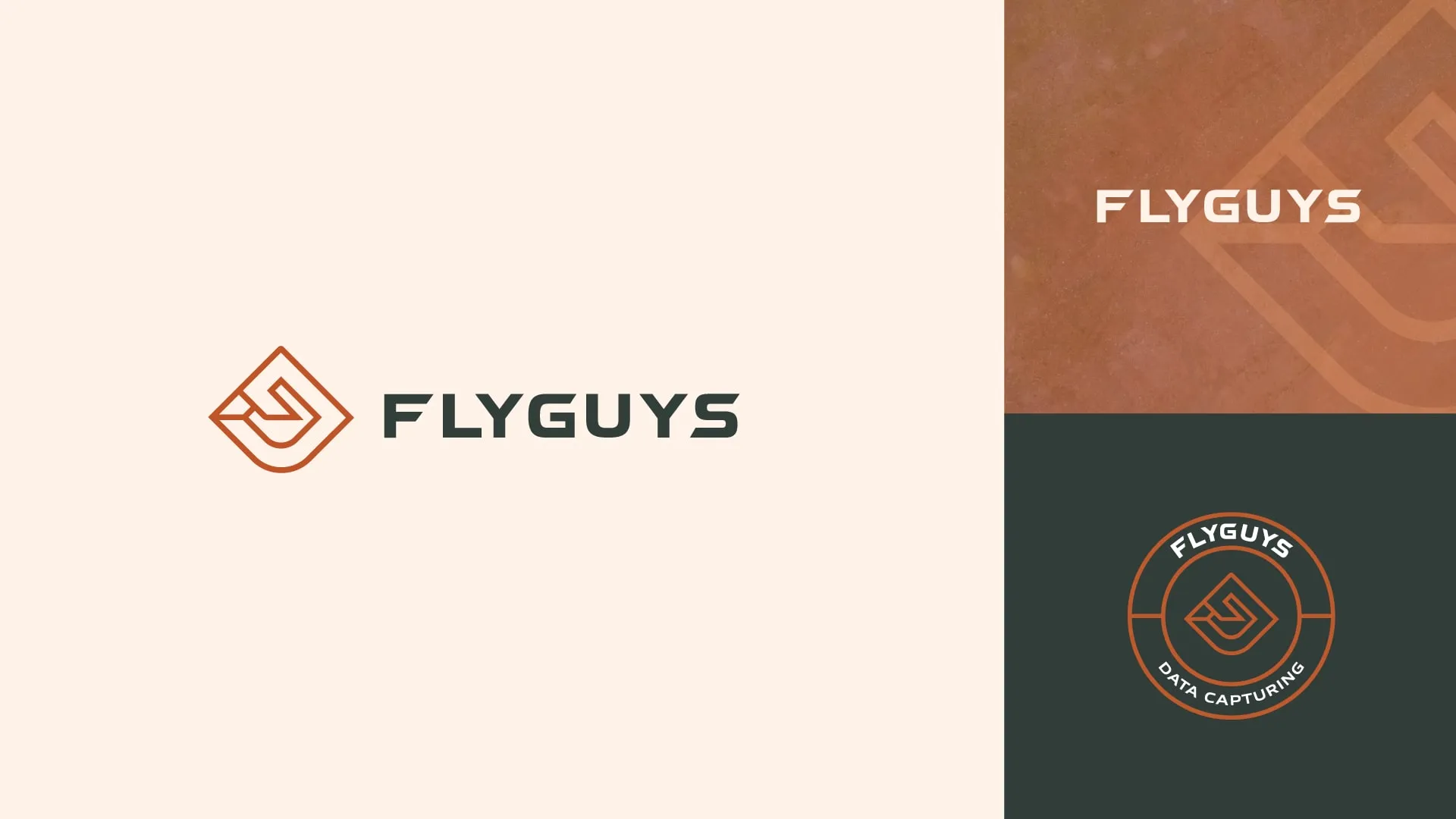 FlyGuys logo lockups shown in cream, rust and dark green