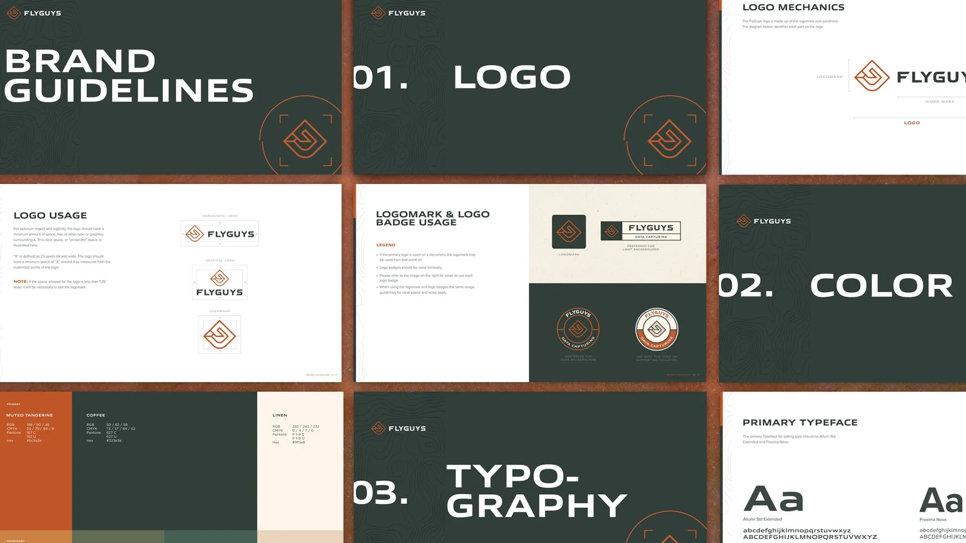 Spreads from the FlyGuys brand guidelines covering logo, colour and typography