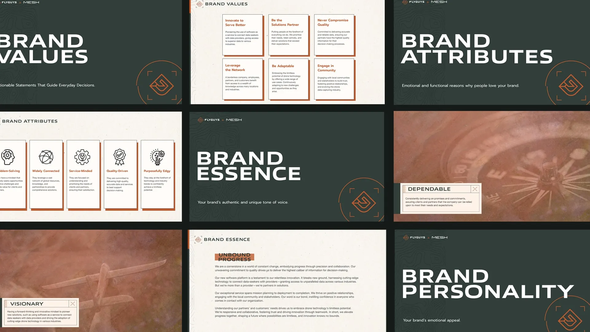 Spreads from the FlyGuys brand definition covering values, essence, attributes and personality