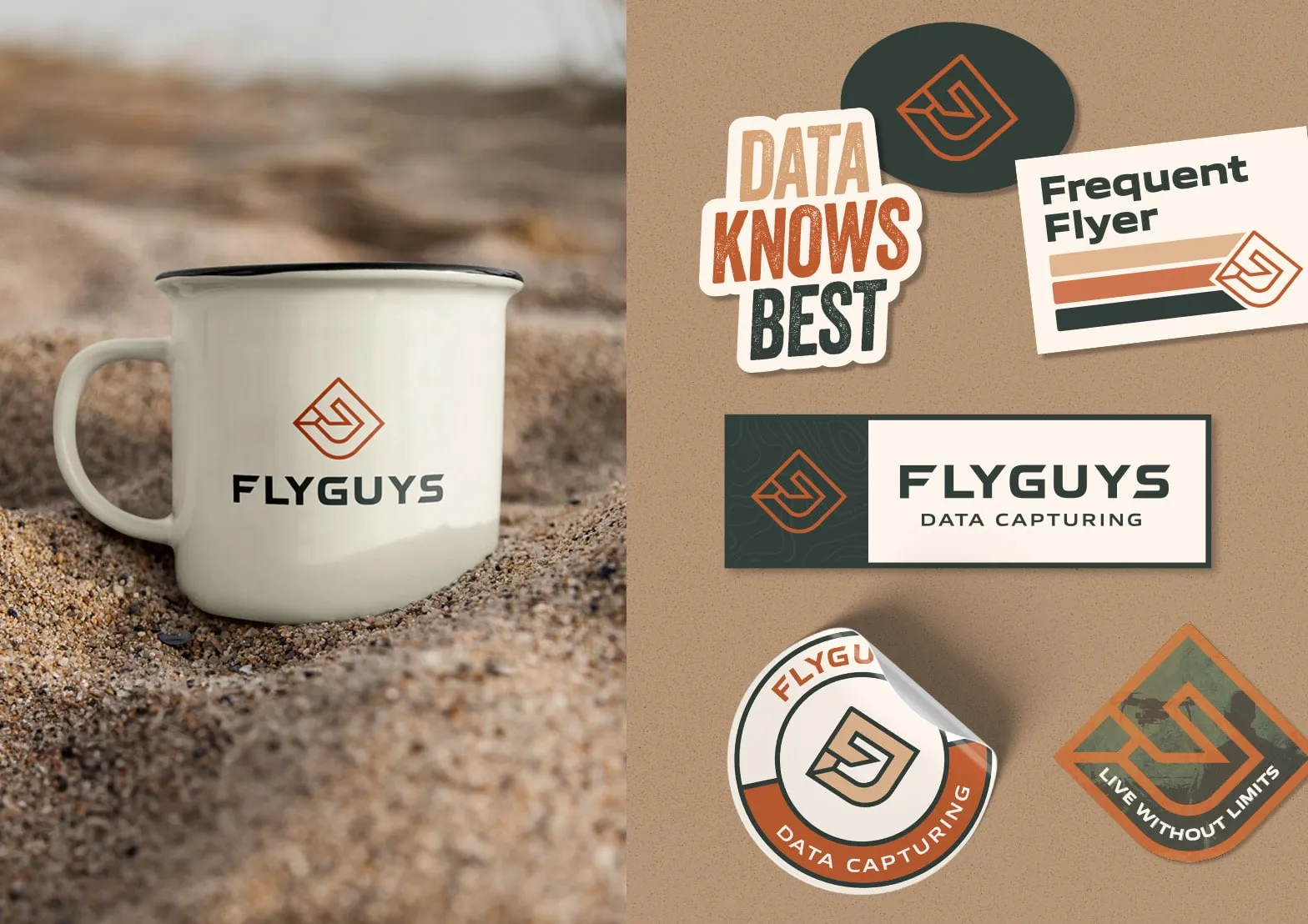 A FlyGuys enamel mug resting in sand beside branded stickers