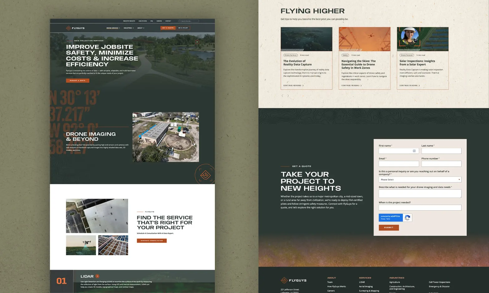 Screens from the FlyGuys website showing the Flying Higher and Take Your Project to New Heights sections